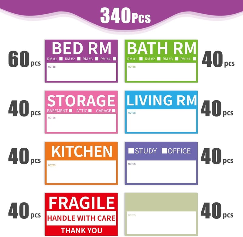 TRYXN 340 Home Moving Labels, 3.4 x 2 inches, 8-Color Coded Packing Box Stickers with Fragile and Blank Customizable Labels - Image 3